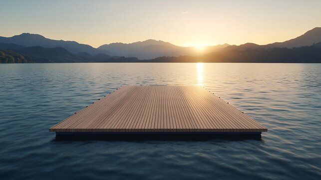 A wooden dock floats on a calm lake at sunset, surrounded by mountains and tranquil water reflecting the golden sunlight. - Powered by Adobe