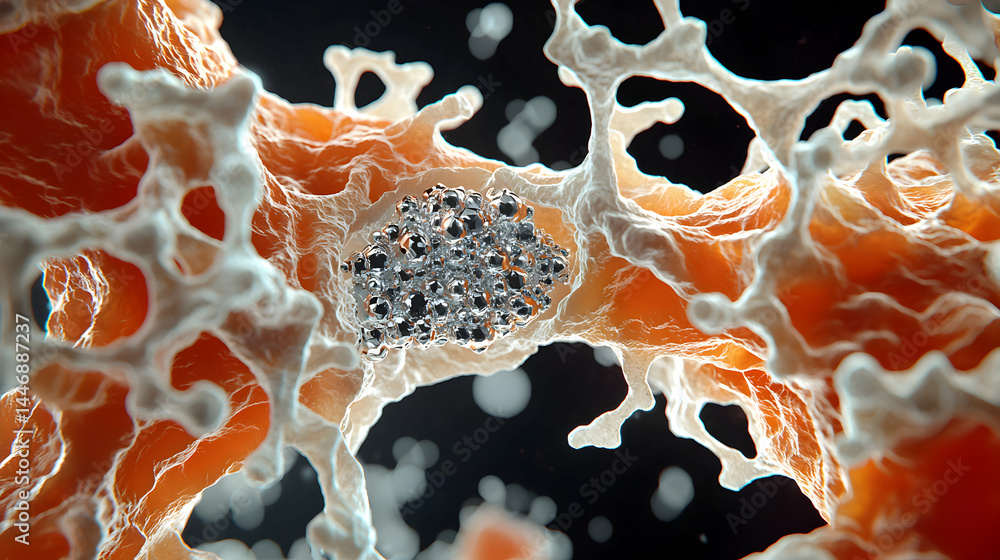 Poster microscopic structure showcasing a cluster of metallic spheres within an intricate cellular network.