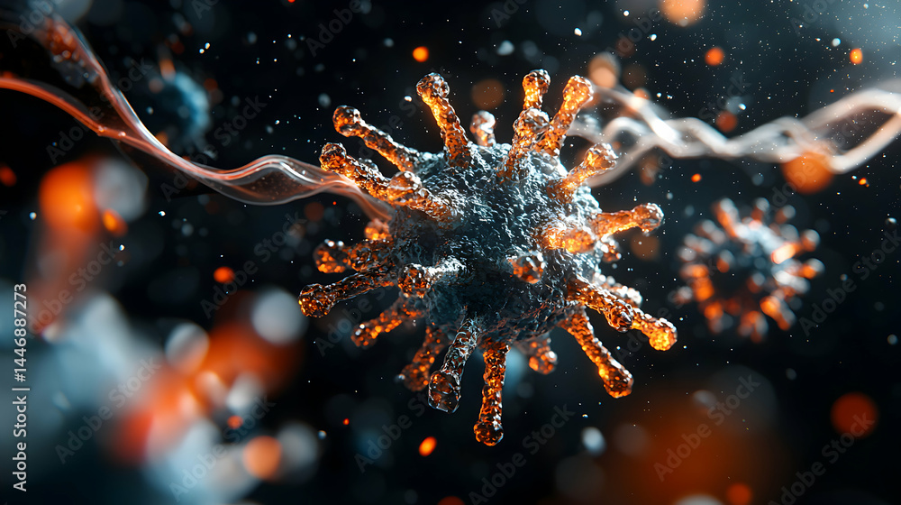 Poster realistic 3d rendering of a virus particle. illustrates microscopic biological structures related to