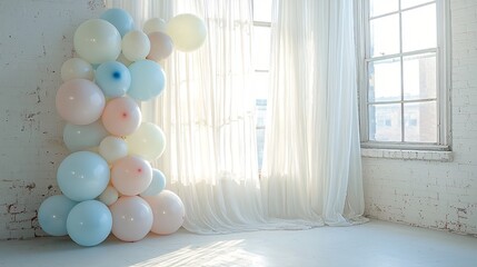 Soft pastel balloon arch with blush tones set beside sheer white curtains, bright natural window light streaming in, indoor event setup with subtle decor, feminine and elegant