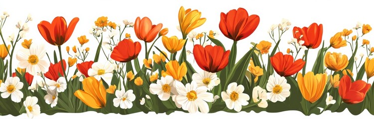 Vibrant red and yellow tulips and white daisies create a colorful floral border. The flowers are arranged in a lush green field. Ideal for spring or summer themes.