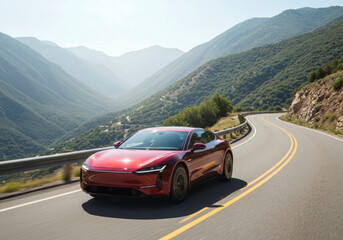 Red Electric Sports Car Driving Scenic Mountain Road Summer Day