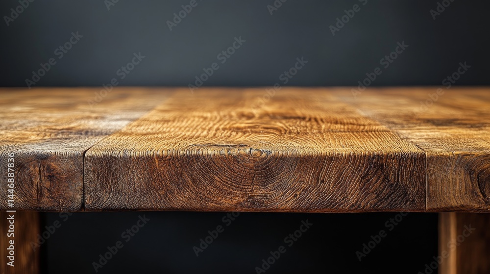 Poster elevated view of textured wooden table surface and grain patterns against dark backdrop, showcasing 