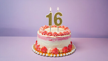 Sweet Sixteen Cake Celebration: A delightful cake adorned with two flickering candles displaying the number 16, ready to be the center of a sweet sixteen birthday party.