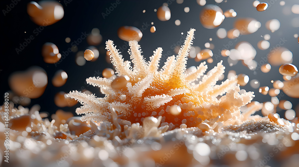 Poster a macro shot of a coral-like structure with floating droplet-like shapes. could be used for scientif