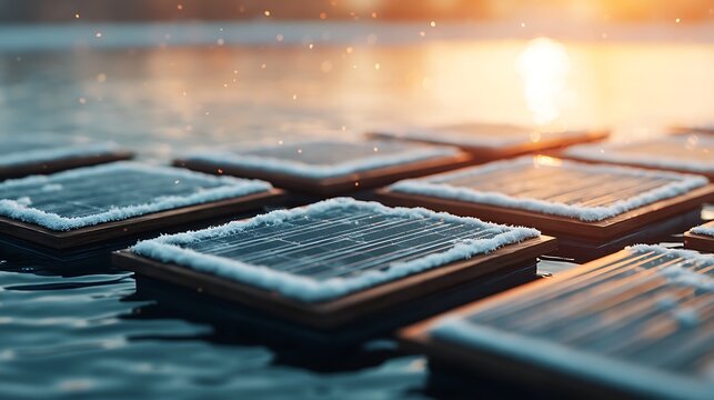 Floating solar panels dusted with snow rest on a calm body of water, capturing sunlight during a winter sunrise.