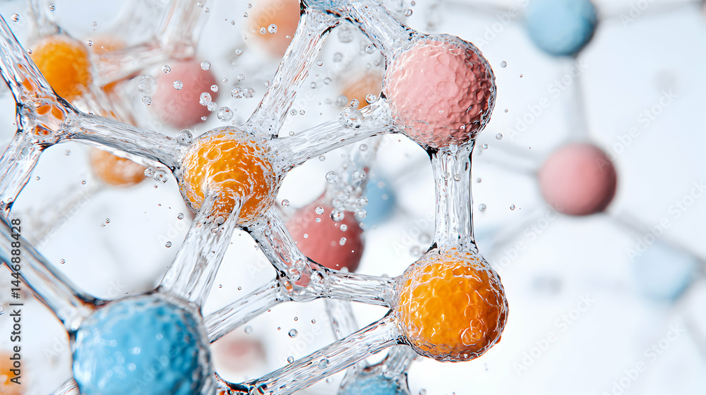 Poster image depicts a close-up of molecular structures. can be used for science-related presentations. gre