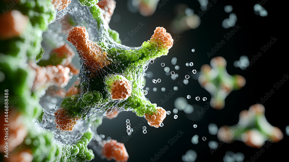 Poster a detailed microscopic image depicts the structure of a virus showcasing its intricate components. u
