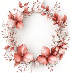 Obraz premium Card design with soft watercolor floral wreaths around the edge, white central space, slightly torn paper edge for a rustic touch, romantic and feminine vibe