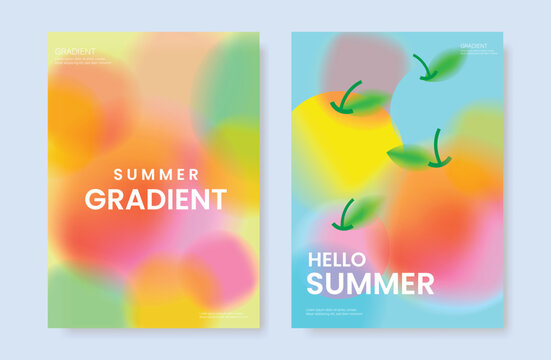 Abstract colorful gradient fruit card background set. Minimalist poster with apple. Modern summer and spring wallpaper design for drink menu, promotion, beverages, ads.