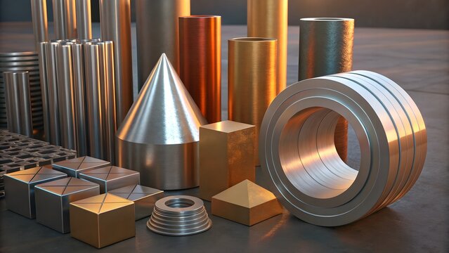 A collection of 3D metallic abstract shapes featuring smooth, reflective surfaces. Ideal for futuristic designs, technology presentations, and modern art projects.
