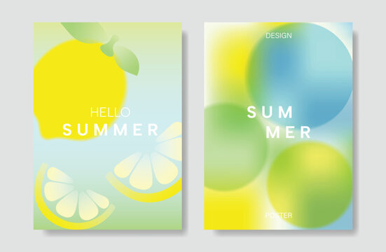 Abstract colorful gradient fruit card background set. Minimalist poster with lemon. Modern summer and spring wallpaper design for drink menu, promotion, beverages, ads.
