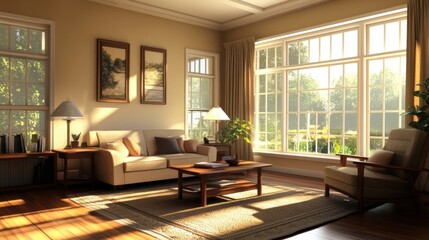 Mid-century living room with wood furniture and sunlight