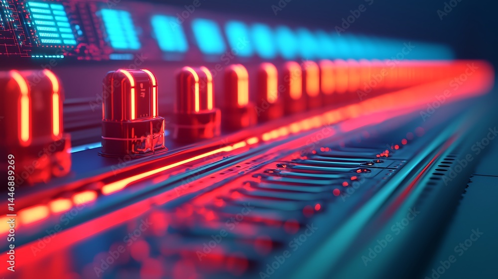 Poster a futuristic control panel with glowing red and blue led lights, featuring rows of buttons and sleek