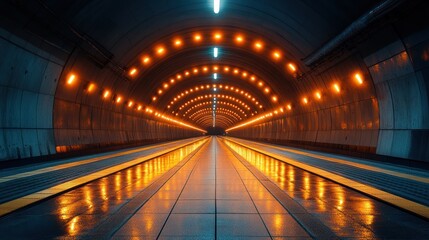 Fototapeta premium Illuminated tunnel with symmetrical design and reflections creating a sense of depth.