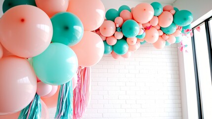 Bright pink and turquoise balloon arch to the right of frame, white brick wall, tissue paper tassels and festive streamers, sunny indoor party with clean decor details