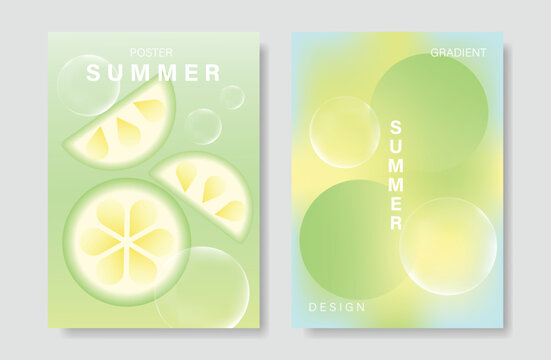 Abstract colorful gradient fruit card background set. Minimalist poster with lemon. Modern summer and spring wallpaper design for drink menu, promotion, beverages, ads.