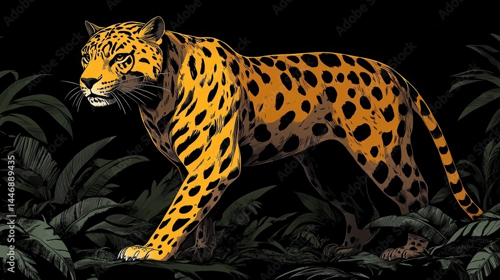 Poster pixelated jaguar prowling through dense foliage evoking nostalgic retro video game graphics and arti