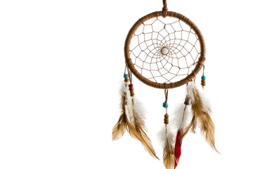 Close-up image of a dream catcher, featuring a round frame adorned with feathers and beads. The catcher is presented in a hanging style.