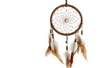 Close-up image of a dream catcher, featuring a round frame adorned with feathers and beads. The catcher is presented in a hanging style.