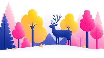 Magical vector landscape featuring a solitary deer standing amidst colorful pink yellow and blue trees creating a whimsical and enchanting nature scene