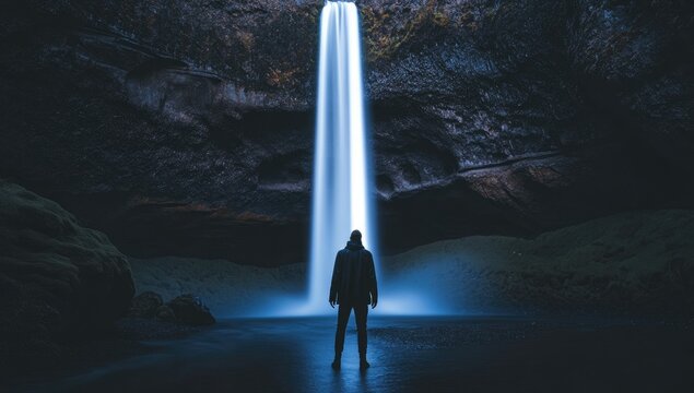 Solitary figure facing a majestic waterfall in a dark cave