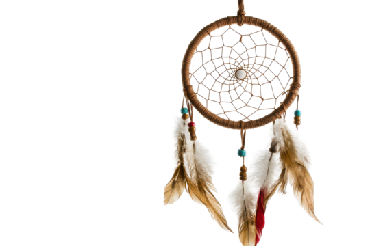 Close-up image of a dream catcher, featuring a round frame adorned with feathers and beads. The catcher is presented in a hanging style. - Powered by Adobe