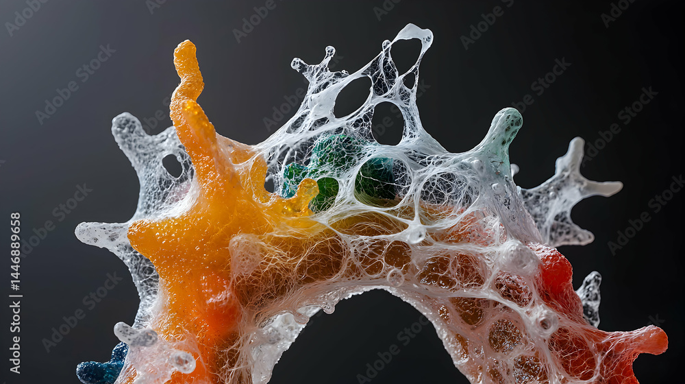 Poster abstract art piece resembling a colorful substance intertwined with web-like structures. perfect for