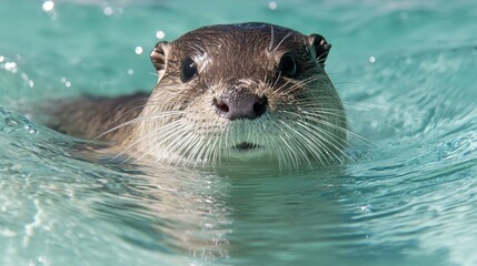Close-up portrait of an adorable playful otter swimming in crystal clear water with a charming expression and engaging portrait focus showcasing marine wildlife