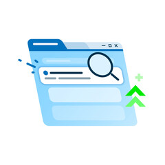 flat illustration of SEO optimization with a browser window displaying top search rankings and a magnifying glass, symbolizing visibility and high performance in search engines results page