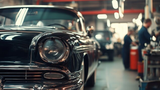 Classic car undergoing restoration in a busy garage.  Detailed close-up of a vintage vehicle's front end.  Mechanics working in the background