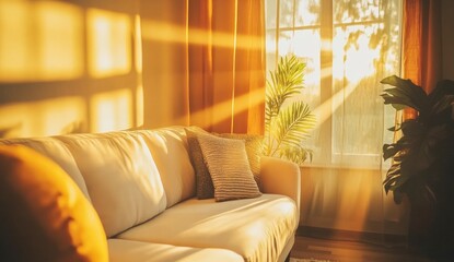 Fototapeta premium Sunlit Living Room Interior with Beige Sofa and Plants