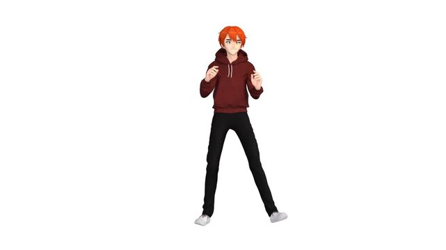 3D render : a male cartoon anime character is dancing with the white background