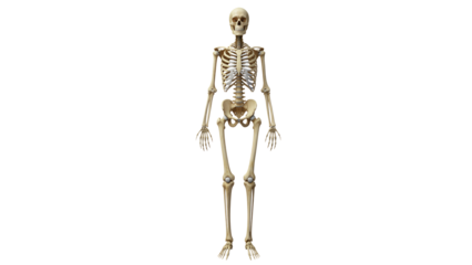Human skeleton model stands upright in a bright background for educational purposes in a classroom or laboratory setting