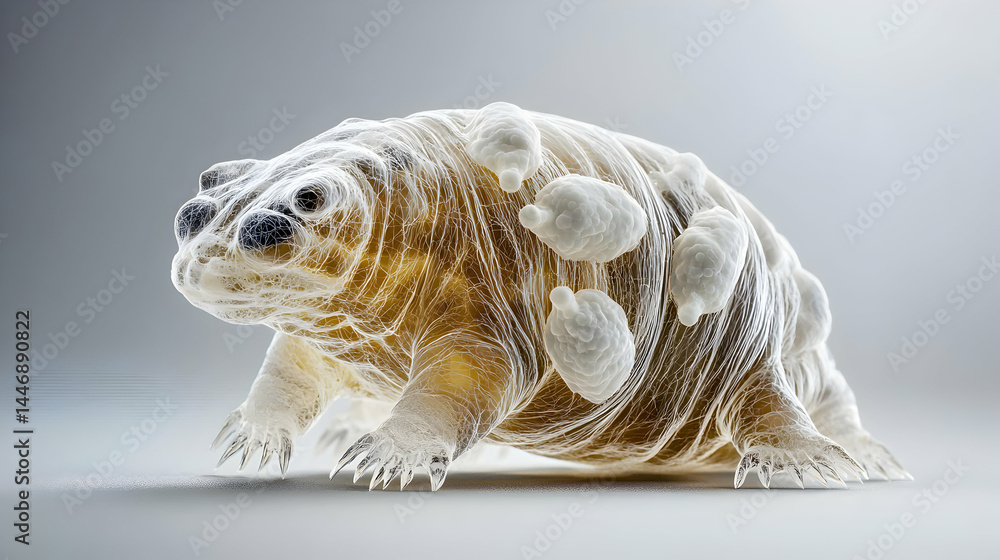 Poster an artistic rendering of a microscopic organism with growths. consider using this image as an educat