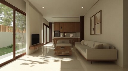 Minimal living room with earthy tones and simple seating