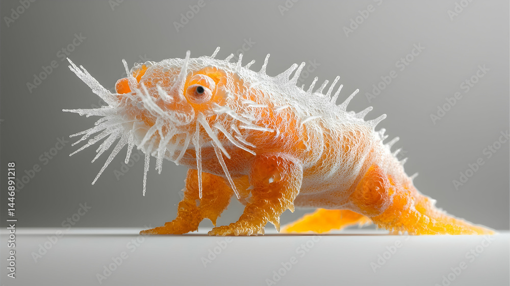 Poster an abstract creature with a textured surface and spiky protrusions. suitable for scientific illustra