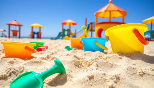 Sunny day, bright sand, colorful buckets and shovels at a beachside sandcastle playground, summer, building toys