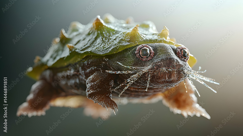 Poster a bizarre creature resembling a turtle with a textured shell and unique facial features. use it in f