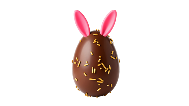 Easter-themed chocolate egg decorated with colorful sprinkles and bunny ears on a white background