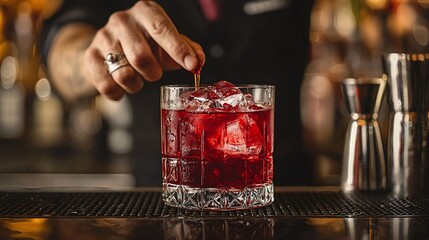 Expert bartender meticulously garnishes a vibrant red cocktail with a sugared cherry