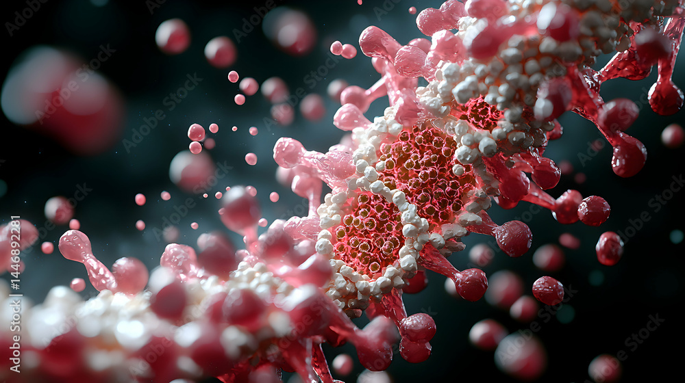 Poster close-up of a virus structure. the image shows a detailed 3d rendering of a virus. use it for educat