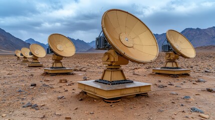 Tan parabolic satellite dishes on rocky desert ground under a cloudy sky. Mountains are visible in the background.  The scene is desolate and