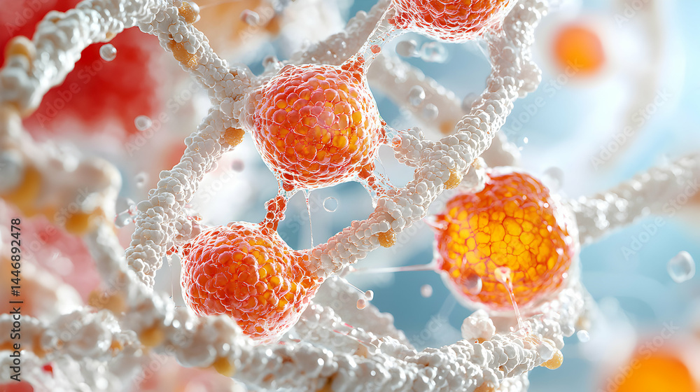 Poster a detailed microscopic view of cells with a focus on their structure and interconnectedness. illustr