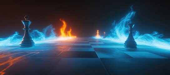 Fiery chess kings face off on a board engulfed in surreal, contrasting blue and orange flames