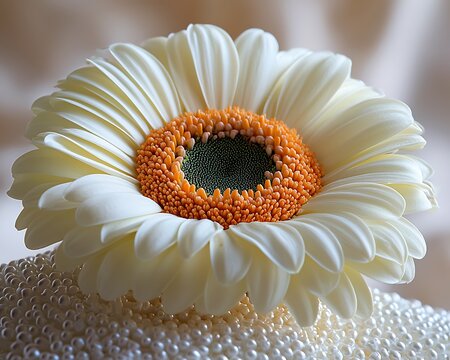 Fototapeta Creamy white flower with orange center, nestled on pearls