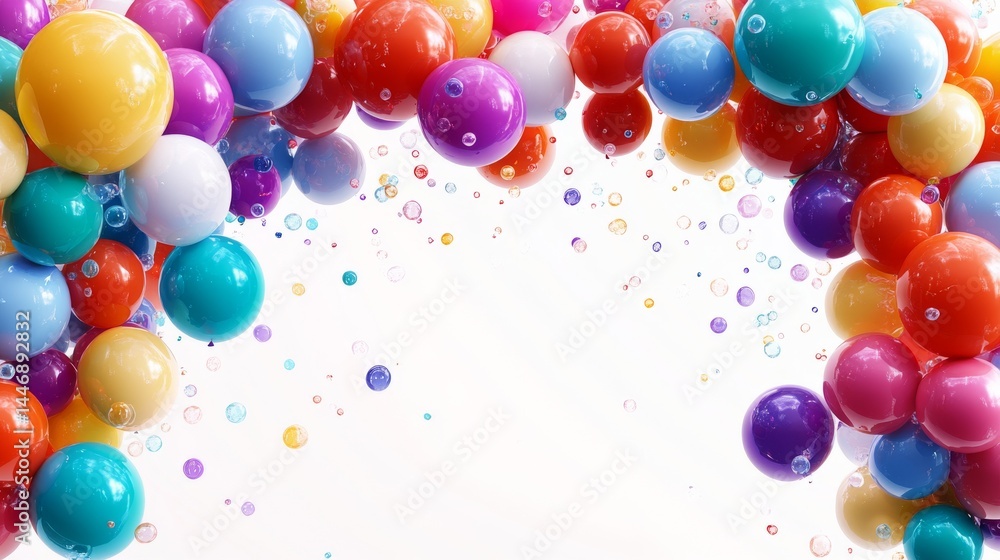 Aufkleber a vibrant cascade: multicolored balloons and bubbles floating on a white canvas creating a playful a