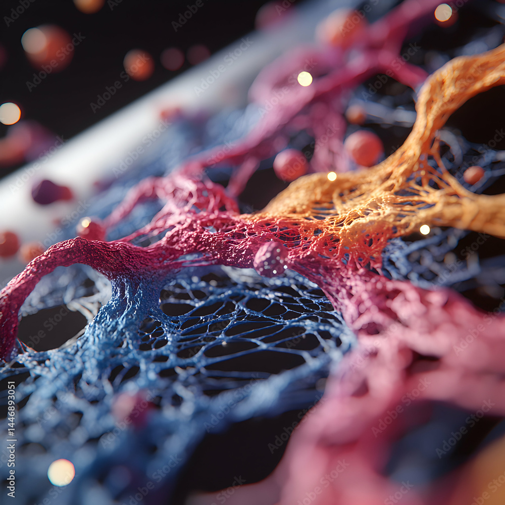 Poster abstract microscopic view of colorful structures resembling cells or biological components. it sugge