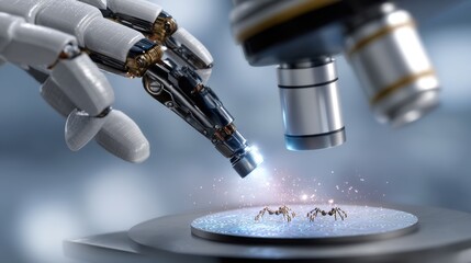 A robot is using a microscope to look at a bug