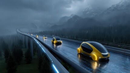 A futuristic road with three yellow cars driving on it